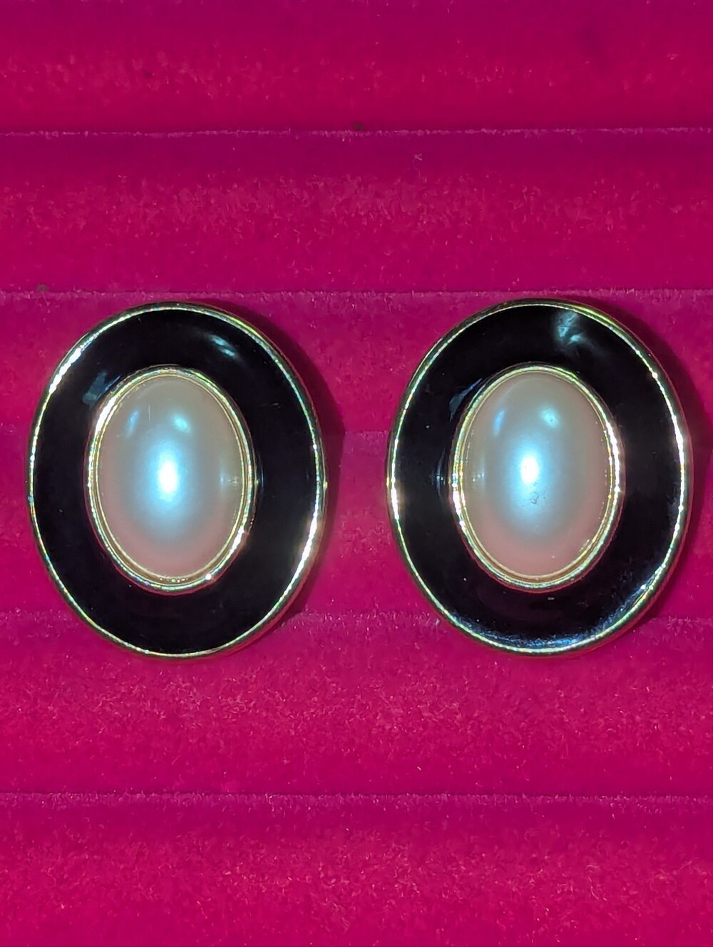 Monet Pearl Center Black Enamel Oval Earrings